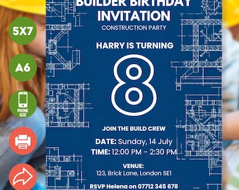 Editable Builder Blueprint Birthday Invite. Canva Construction Template Invitation. STEM Kids Party Instant Download