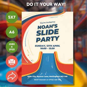 May include: A party invitation with the text "NOAH'S SLIDE PARTY" in blue and white. The invitation has a red, blue, and yellow design with the date and time of the party. The invitation also includes the address and RSVP information.