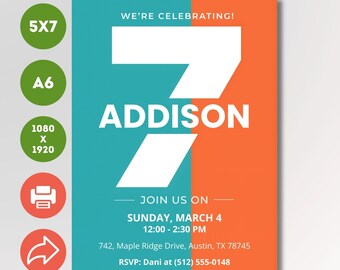 7th Birthday Invitation Template. Bold Teal/Orange Design. Editable Canva Party Invite.