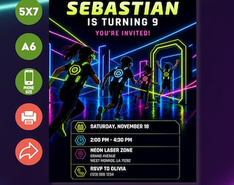 Laser Tag Birthday Invitation, Editable Canva Template, Neon Party Invite, Printable and Phone