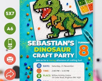 Editable Dinosaur Craft Party Invitation Template, Canva Kids Beads Birthday Invite, 5x7 A6 Phone