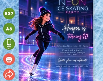 Neon Ice Skating Birthday Invitation, Editable Glow Party Invite, Printable & Phone Canva Template