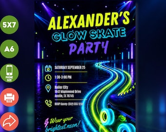 Roller Skating Birthday Invitation, Neon Roller Disco, Glow Party Invite, Editable Canva Template