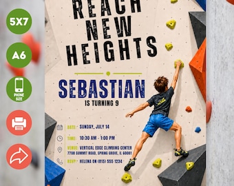 Editable Climbing Birthday Invitation, Rock Climbing Party Invite, Kids Bouldering Canva Template. Instant Download