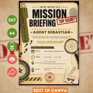 May include: A spy-themed birthday invitation card titled Mission Briefing Top Secret for Agent Sebastian turning 8. The design features a magnifying glass, a fingerprint, a compass, and a paper clip on a tan background with event details.
