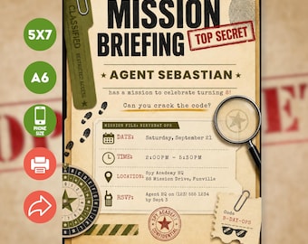 Editable Spy Birthday Invitation, Secret Agent Party Invite, Canva Template, Kids Birthday, Instant Download