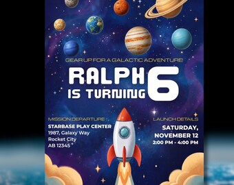 Editable Rocket in Space Canva Invitation Template: Solar System Planet Party Invite. Digital Download