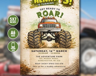 Faire-part d'anniversaire modifiable de Monster Truck. Modèle de toile. Téléphone 5 x 7 A6 à téléchargement immédiat