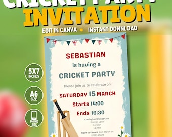 Modèle de toile modifiable d'invitation d'anniversaire de cricket : invitation numérique à une fête sportive.