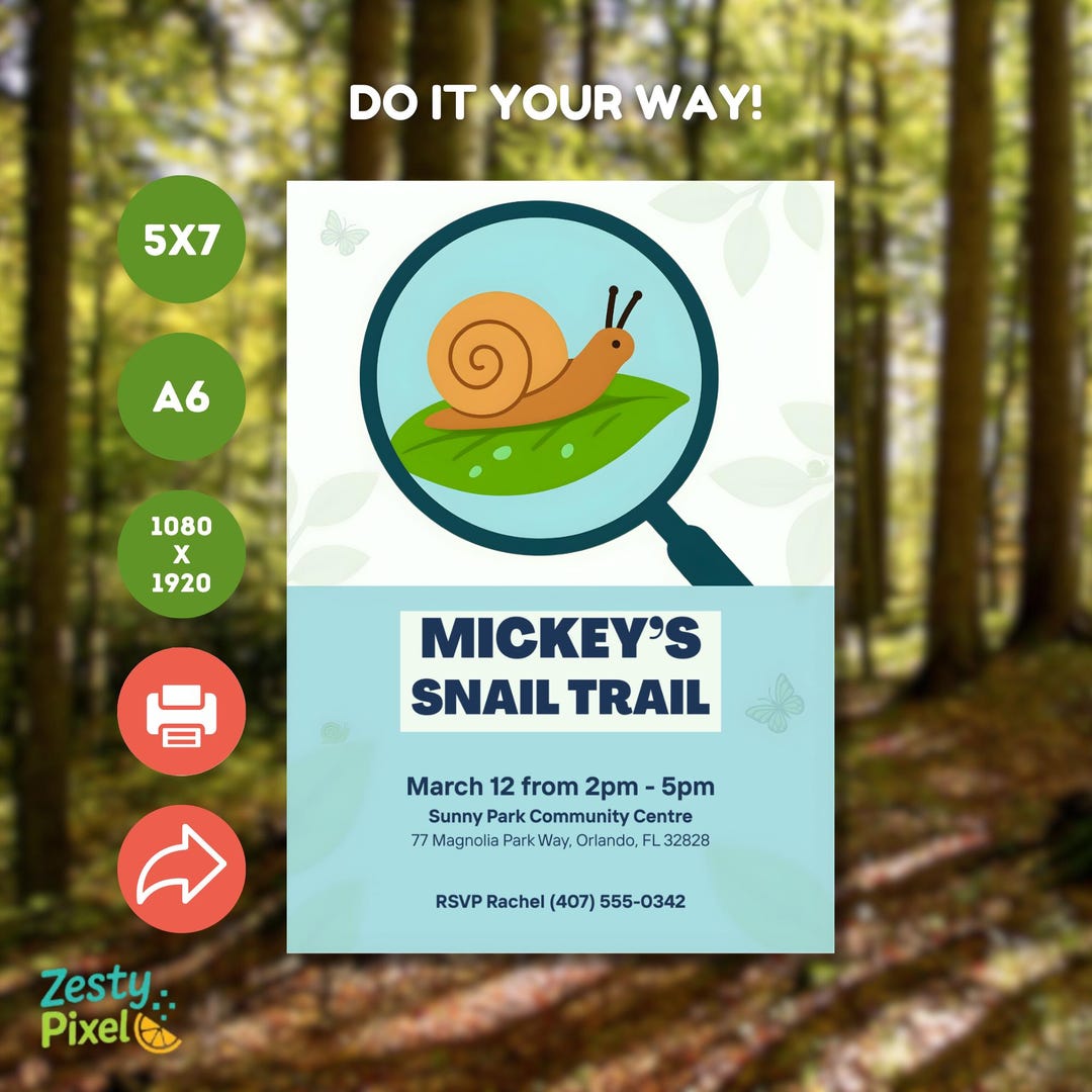Snail Explorer Editable Snail Birthday Party Invitation | Nature Explorer Invite ...