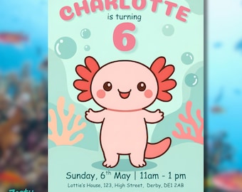 Invitations d'anniversaire Axolotl modifiables. Modèle de toile pour enfants. Faire-parts kawaii, grenouille, loutre, pingouin, capybara
