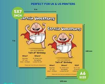 Bearbeitbare Einladung zur Captain Underpants Geburtstagsparty mit "Danke"-Tags: Canva-Vorlage für Einladungen.