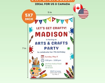 Editable Arts, Crafts Paint Party Invitation. Creative Kids Canva Invite Template. 5x7 A6