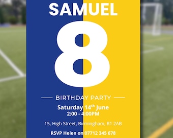 Faire-part bleu et jaune modifiable du football. Modèle de toile de fête de football. Téléchargement instantané d'invitations sportives.