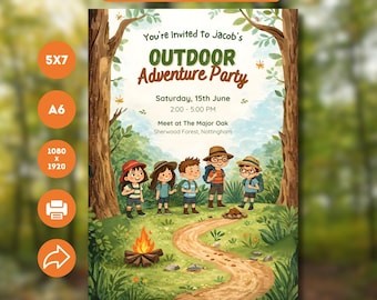 Outdoor Adventure Birthday Invitation Template: Editable Forest Woodland Digital Canva Invite.