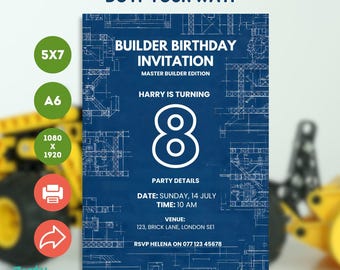 Invitation d'anniversaire de modèle de constructeur modifiable. Modèle d'invitation en toile, fête d'enfants STEM, téléchargement immédiat