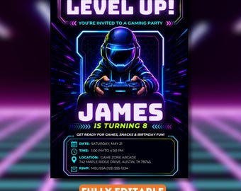 Editable Gaming Birthday Invitation, Level Up Video Game Party Invite, Neon Gamer Template