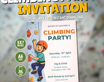 Modèle d'invitation à une fête d'escalade (6 caractères) : une invitation à une fête d'enfants modifiable. Anniversaire d'escalade en salle