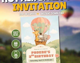 Modèle d'invitation modifiable en montgolfière : invitation à une fête sur toile girafe, zèbre, éléphant. Téléchargement numérique