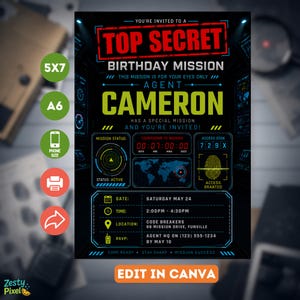 May include: A digital birthday invitation card with a black background and a spy theme. The text reads TOP SECRET BIRTHDAY MISSION, AGENT CAMERON, and includes details for date, time, location, and RSVP. The design features a world map, a fingerprint icon, and a countdown timer.