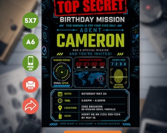Editable Spy Mission Party Invite | Secret Agent Birthday Invitation | Kids Escape Room Canva Template
