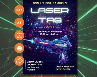 Invitación editable para fiesta de laser tag: Plantilla de invitación de cumpleaños Neon Warrior para Canva. 5x7, A6, Teléfono