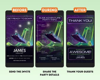 Lot de parcs de toboggans modifiables. Modèle Neon Canva Invitation anniversaire, informations sur la fête et ensemble de remerciements.