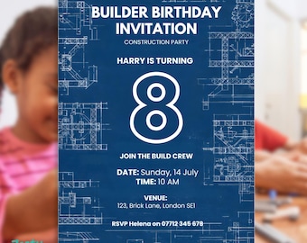 Faire-part d'anniversaire de constructeur, invitation à une fête de la construction. Modèle de toile modifiable. Style de plan.