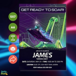 May include: Invitation design with a futuristic theme. The invitation features a person in a helmet riding a purple platform on a green track. Text includes "GET READY TO SOAR!" and details for James's eighth birthday party.