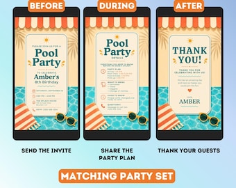 Lot modifiable Pool Party. Fête de la natation. Modèle d'itinéraire de remerciement et de fête Canva.