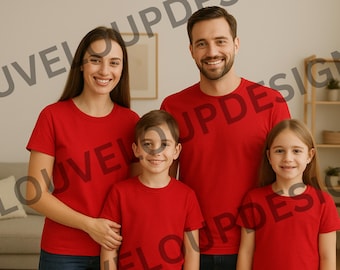 May include: A family of four wearing matching red crew neck t-shirts. The adults and children are smiling at the camera. The background includes a couch, a framed picture, and a wooden shelf.