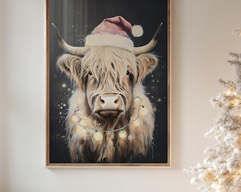 Christmas Highland Cow Digital Art Print | Rustic Farmhouse Holiday Wall Decor | Festive Highland Cattle Christmas Printable Download xmas