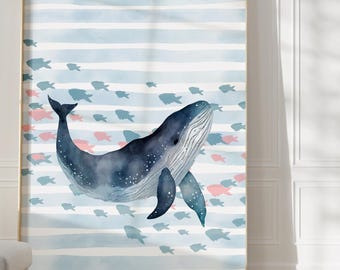 Impresión digital de arte náutico de ballena en acuarela, arte mural de animales del océano, imprimible para guardería costera, póster de vida marina, impresión de ballena de descarga instantánea