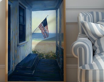Amerikanische Flagge Strand Veranda Wand Kunst Ostküste Sommer Digitaldruck Vaterländisch Küsten Wohnkultur Nautische Veranda Kunst Download USA Flagge Poster