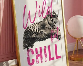 Wild But Chill Tiger Digital Art Print | Retro Tier Wanddekor lustiges druckbares Plakat digitaler Download in vielen Größen coole Boho Art Natur