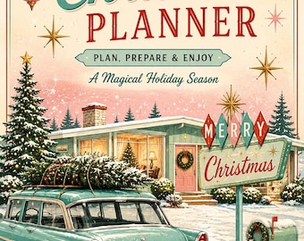 May include: A Christmas planner cover featuring a vintage teal station wagon with a tree on the roof, a house with a wreath, and a Merry Christmas sign. The text reads A Very Merry Christmas PLANNER, PLAN, PREPARE & ENJOY, A Magical Holiday Season, and 1958 HOLIDAY EDITION.