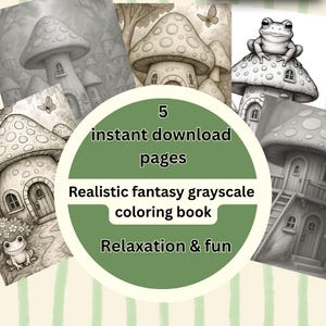 Grayscale Mushroom House Coloring Pages • Whimsical Woodland Fantasy Printable Set • Fairy Tale Cottage Coloring Sheets for Adults & Teens