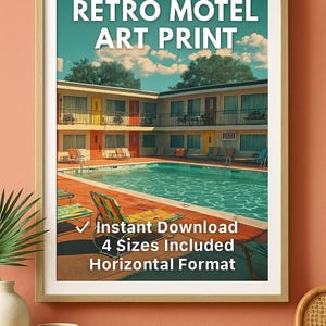 Mid Century decor digital download  Retro Motel Pool Print Vintage Travel Wall, Horizontal Sunshine Motel Printable nostalgic horizontal art