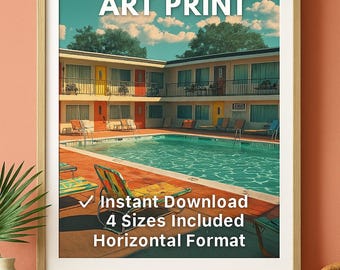 Mid Century decor digital download  Retro Motel Pool Print Vintage Travel Wall, Horizontal Sunshine Motel Printable nostalgic horizontal art