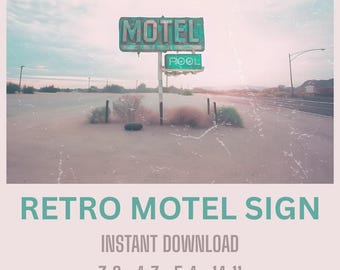 Letrero imprimible de piscina de motel desgastado • Arte vintage de carretera en el desierto • Descarga digital retro americana • Impresión de pared nostálgica horizontal