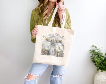 Farmers Market Tote Bag | Organic Cotton Grocery Bag | Reusable Eco-Friendly Tote | Cute Aesthetic Market Bag | Sustainable Shopping Bag