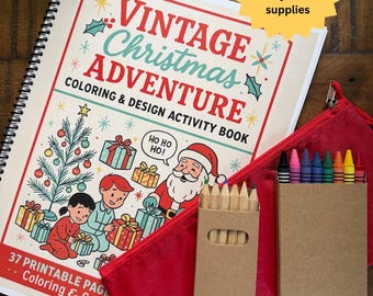 Aventure de Noël vintage à colorier, livre d'activités de conception, livre de vacances rétro et fournitures pour enfants adultes, cadeau de Noël du milieu du siècle, copie physique