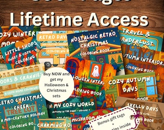 Puede incluir: Una colección de libros para colorear con títulos como "Cozy Winter Mom", "Retro Christmas Cheer" y "Halloween Interior". La imagen incluye el texto "300+ Páginas" y "Acceso de por vida".