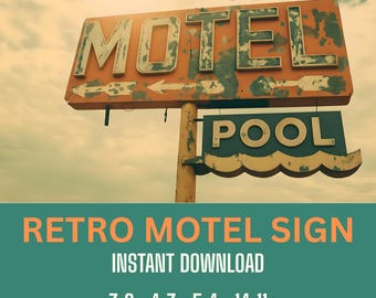 Letrero de piscina de motel retro imprimible, arte vintage de carretera, descarga digital, decoración de pared americana de mediados de siglo, impresión nostálgica horizontal