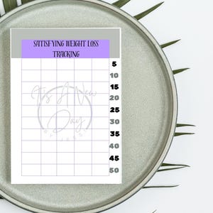 May include: A weight loss tracking chart with the text "SATISFYING WEIGHT LOSS TRACKING" in black on a purple background. The chart has a grid for tracking progress, with numbers from 5 to 50. The chart is on a gray plate with green leaves.