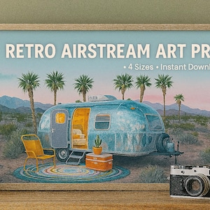 Retro Airstream Digital Art Print • Vintage Desert Camper Wall Art Horizontal Mid Century Travel Trailer Decor Nostalgic Printable Wall Art