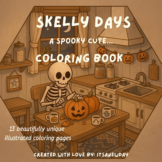 cozy coloring pages Halloween Skelly Days Spooky Cute Skeleton Coloring  13 Printable Scenes Fun Colouring Book Kids Adults Digital Download