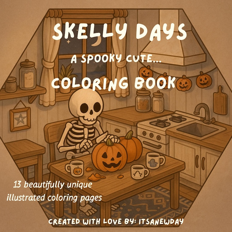 May include: A Halloween-themed coloring book titled "Skelly Days" with a spooky-cute illustration. The image features a skeleton carving a pumpkin, with text that reads "A Spooky Cute... Coloring Book" and "13 beautifully unique illustrated coloring pages."