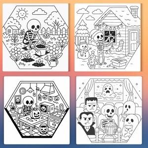 May include: Four black and white illustrations in a hexagonal shape. The images depict a skeleton gardening, decorating a house for Christmas, carving a pumpkin, and watching a movie with other spooky characters.
