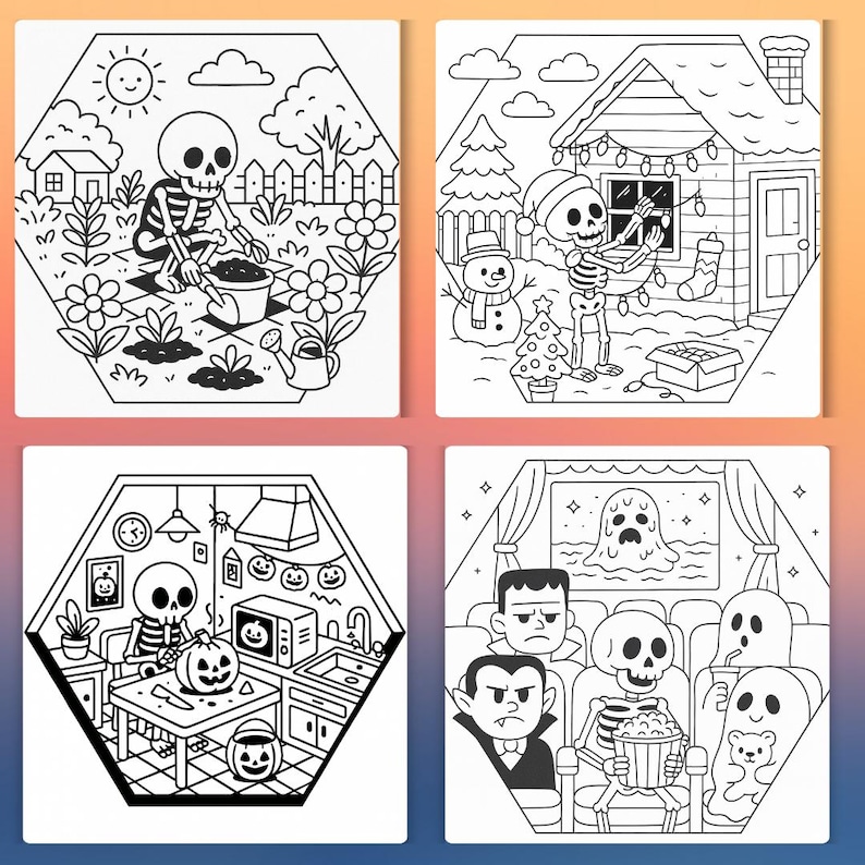May include: Four black and white illustrations in a hexagonal shape. The images depict a skeleton gardening, decorating a house for Christmas, carving a pumpkin, and watching a movie with other spooky characters.